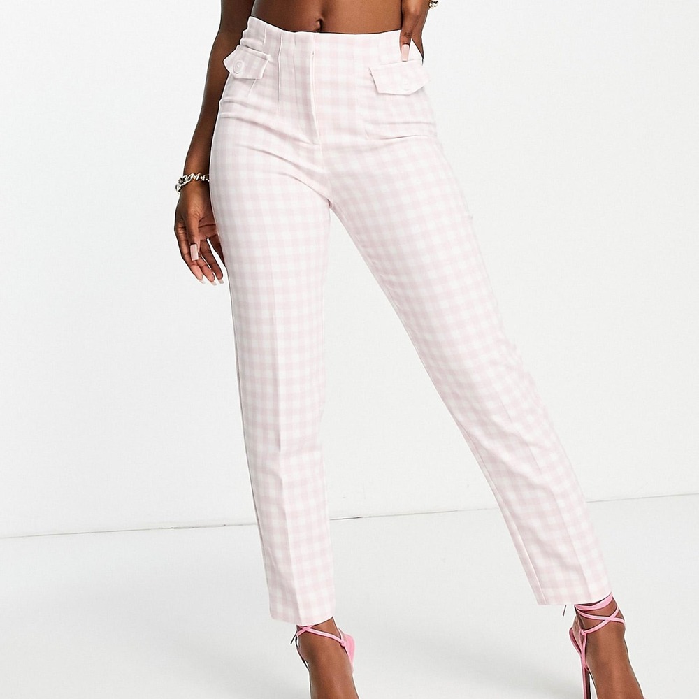 ASOS River Island Light Pink Gingham Plaid Trouser Cigarette Pants Size 12 NWT